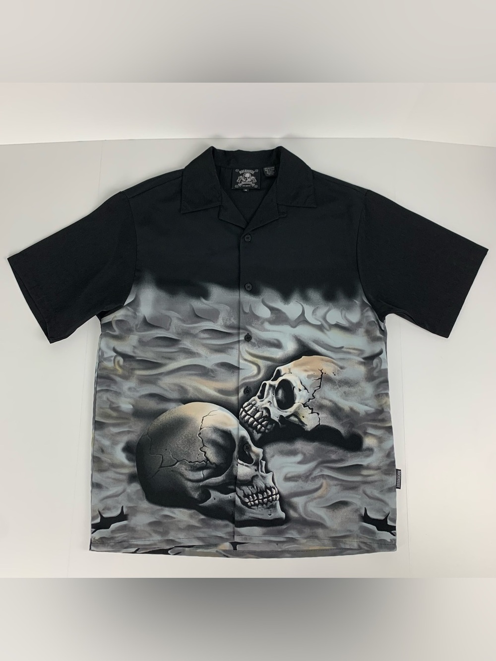 Rockhouse Roadhouse Button Up Shirt Y2k Black Grey Skulls Guy Fieri Men’s Medium